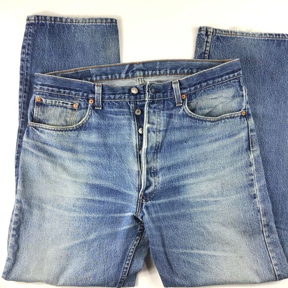 Vintage Levis 501 Made in USA 38 x 34 80s SF faded blue straight 35 x 30 button - Picture 7 of 16